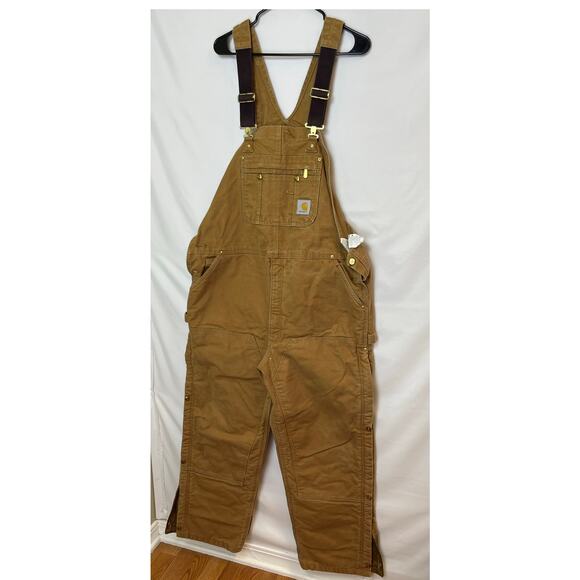 Carhartt Men’s 44x32 Tan Duck Bib Overalls Detroit Made Workwear Durable Pants - Picture 1 of 13